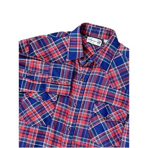 Vintage 80s Genuine Roebucks Pearl Snap Flannel Shirt Plaid Western Rockabilly M